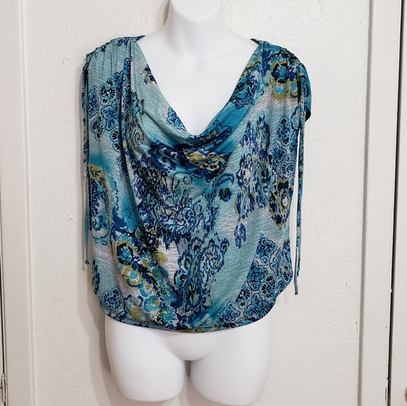 Heart Soul Tops - Heart Soul Blue Cowl Neck String Cap Sleeves Keyhole Back Gypsy Top SIze Medium